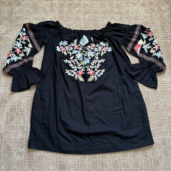 Free People Off-The-Shoulder Embroidered Dress Women's S Black Boho Festival - Picture 2 of 13